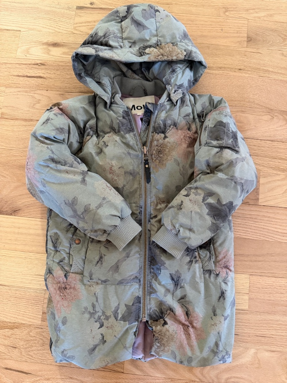 Molo Denmark Hermione Hooded Zipper Puffer Sage Misty Floral girls sz EUR 128